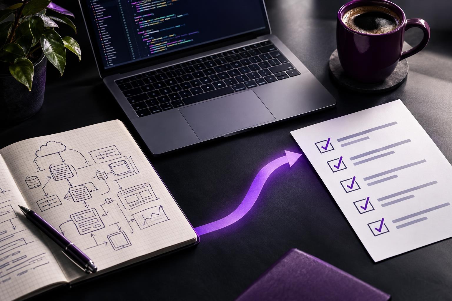 Overhead shot of a developer laptop, notebook with diagrams and a checked checklist on a desk.