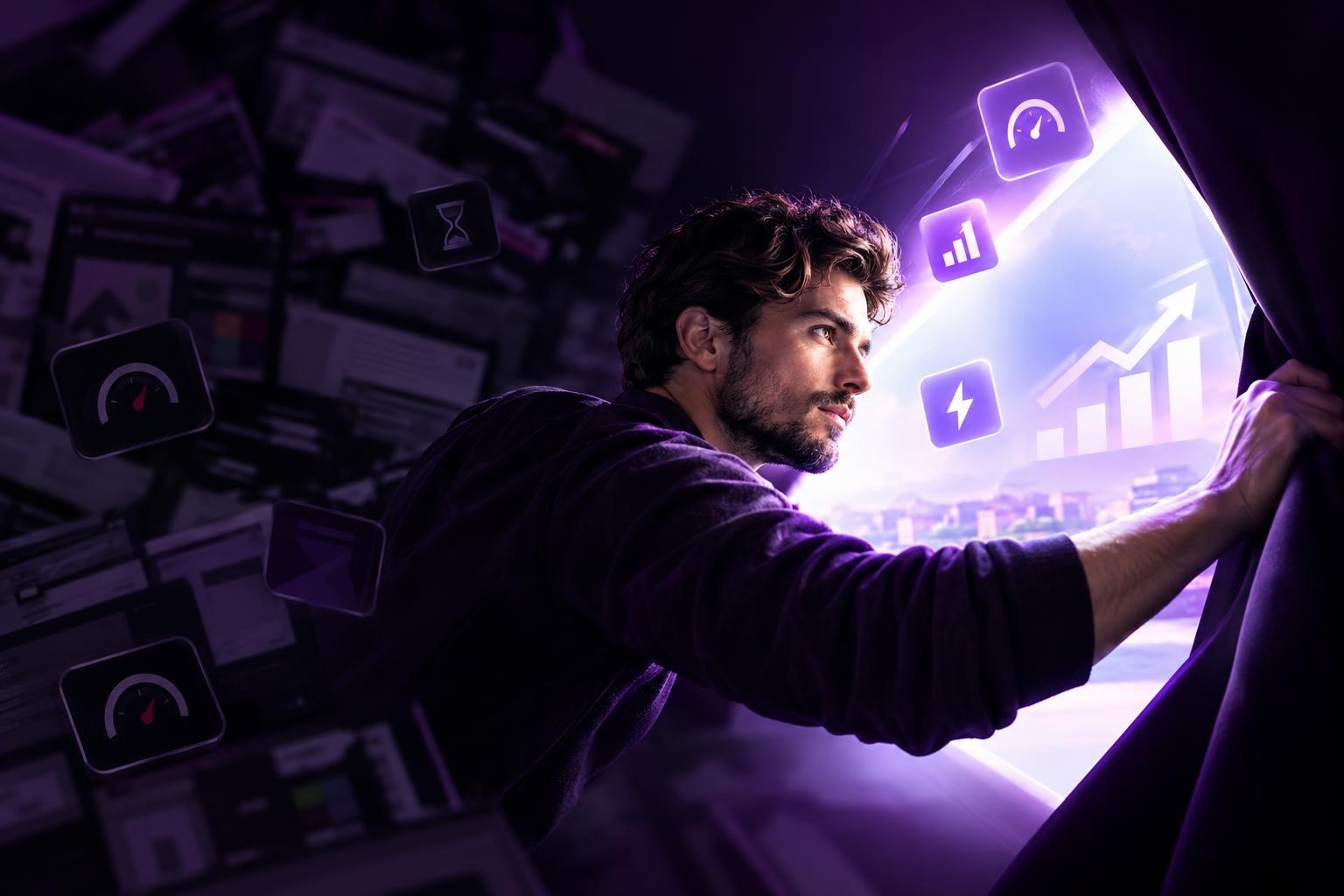 Developer in foreground illuminating a layered website layout with a beam of light, background shows blurred performance metrics
