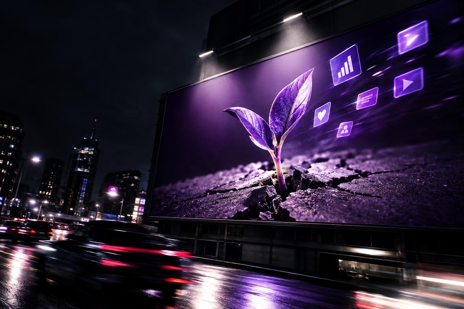 Lit city billboard at night, blurred traffic and floating digital ad tags suggesting lost or unclear measurement