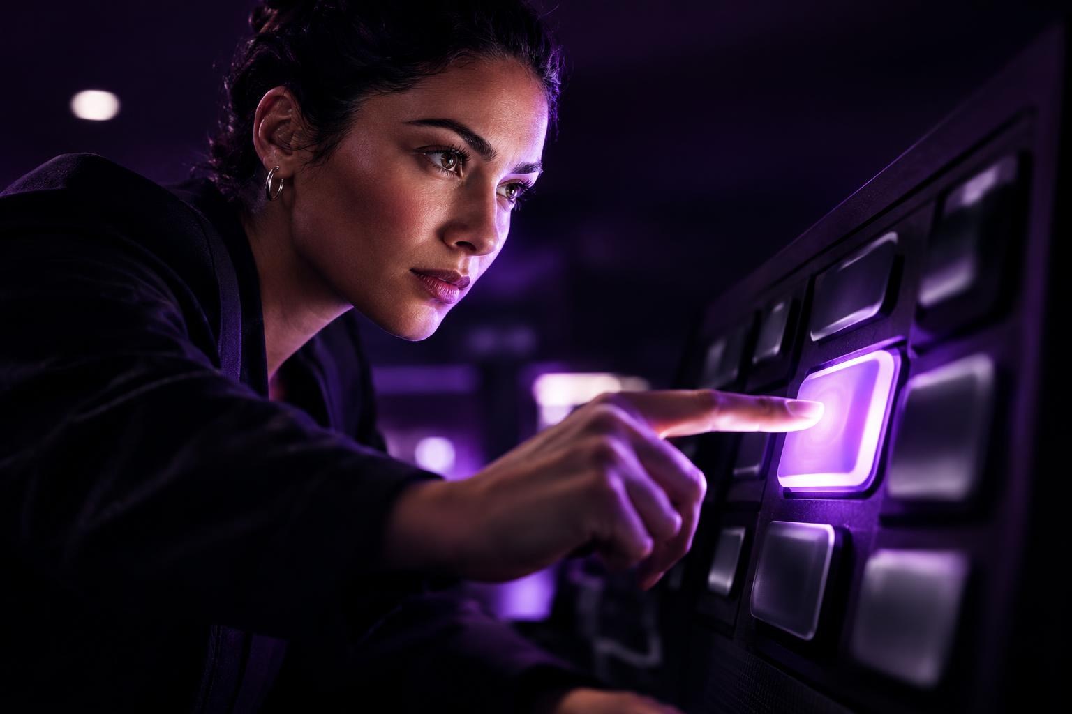 Person selecting one glowing option on a control panel, high contrast, cinematic