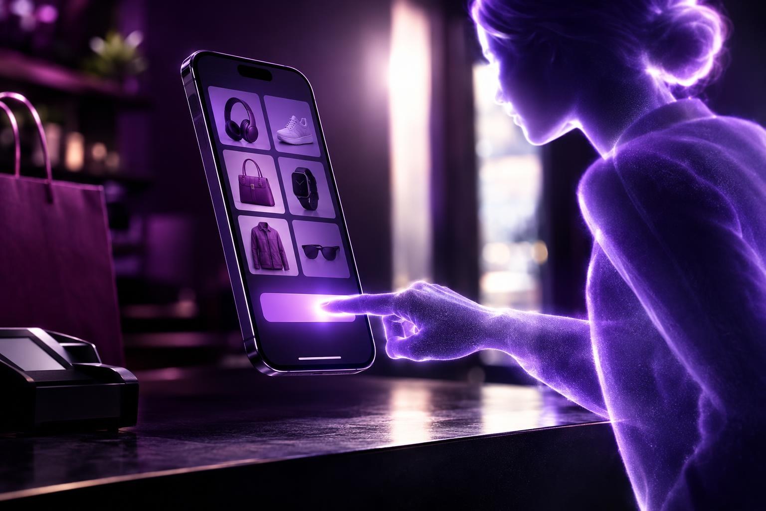 Phone above a shop counter with product thumbnails and a ghostly agent silhouette reaching to press a payment button