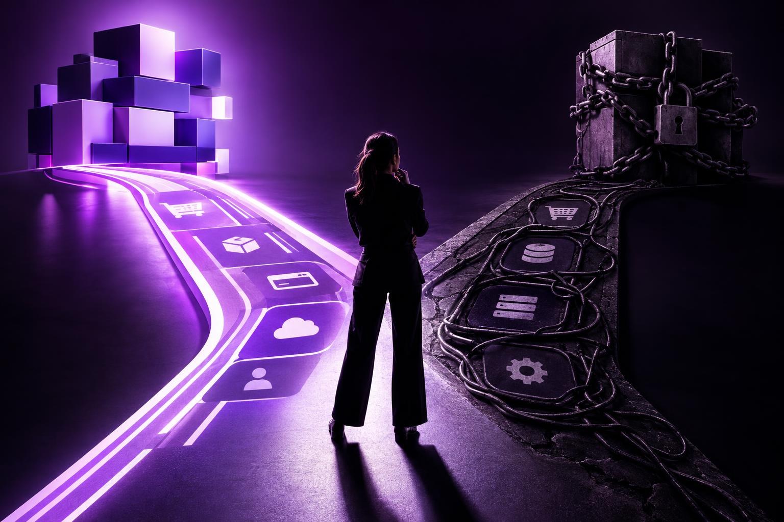 Silhouette of a person at a forked path of code-like routes, one side labelled modern modular libraries and the other legacy lock in